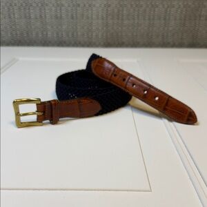 Martin Dingman Navy Woven Stretch Croc-Embossed Leather Belt Solid Brass Buckle
